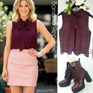 Banana Republic Lace Top❤Bugundy Lace-Chiffon|Tie Wrap Neck